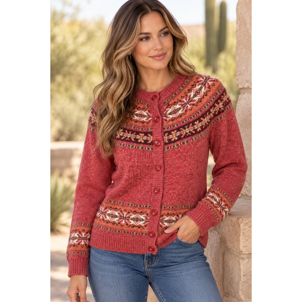 Tiara International Pink Fair Isle Cardigan Sweater Medium Ramie Cotton Knit